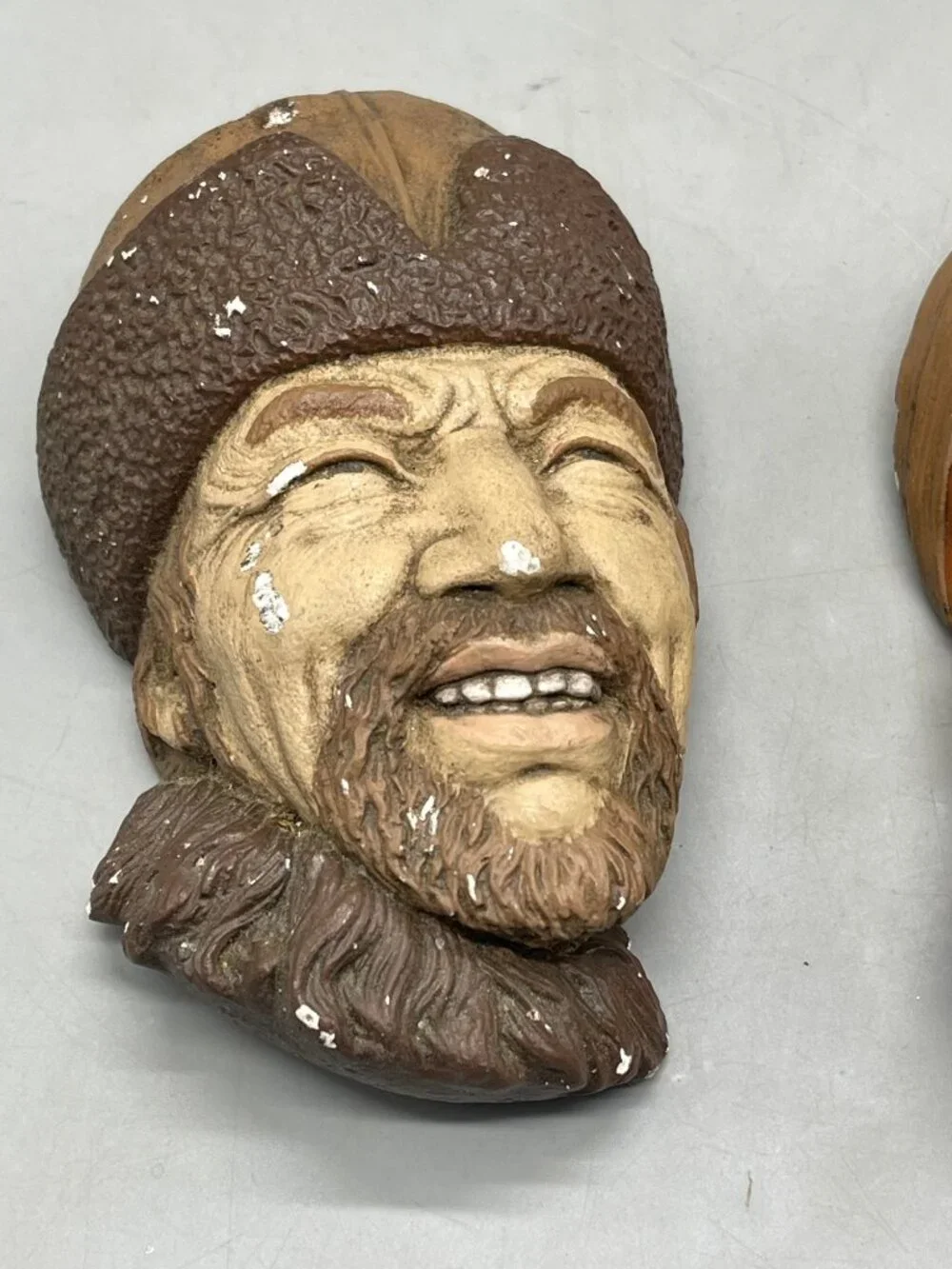 chalkware head wall hangings set of 2 1)Himalayan brown hat scarf beard READ